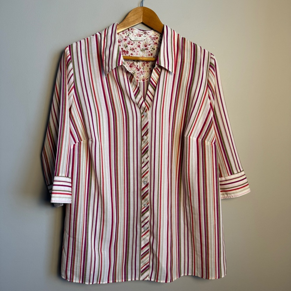 Marks & Spencer Stripe 3/4 Sleeve Button Up Shirt Pink UK‎ 20 (XL) Floral Collar
